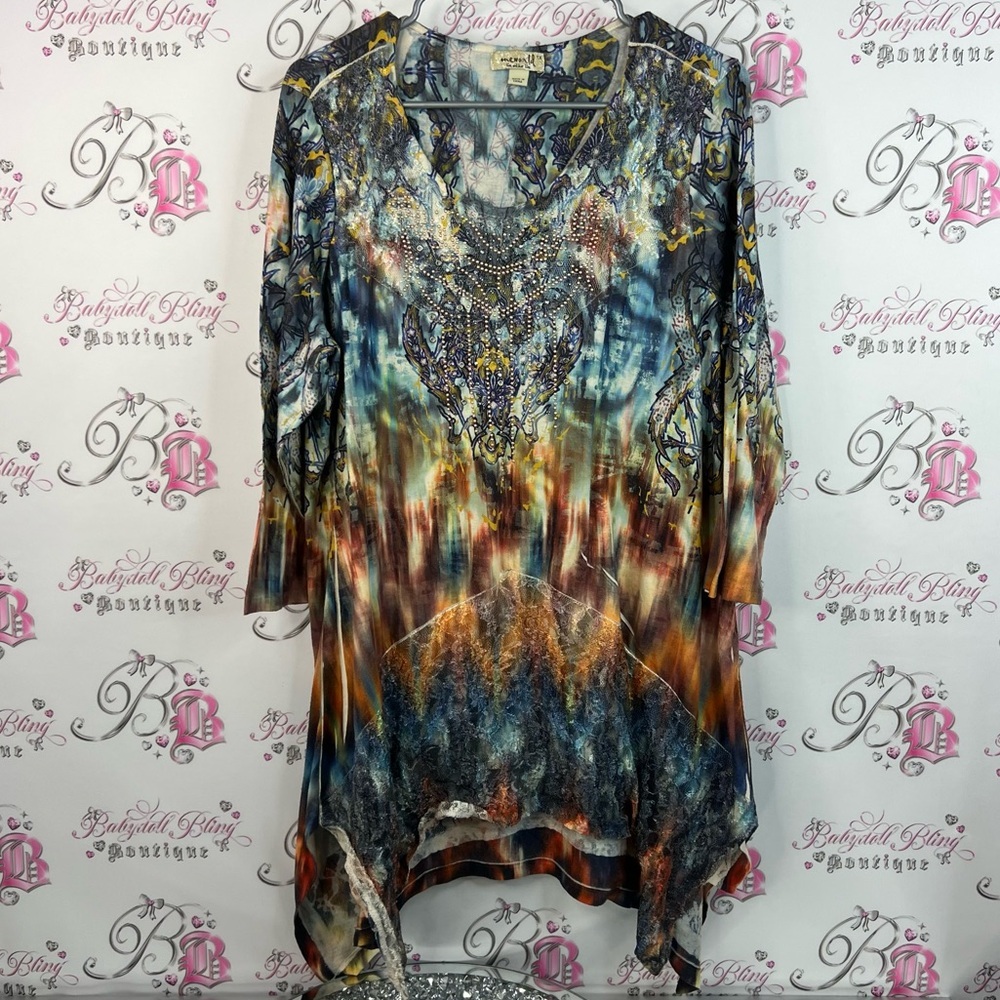 ONE WORLD dress assymetrical hem fairy rhinestone Embellishments tie dye floral